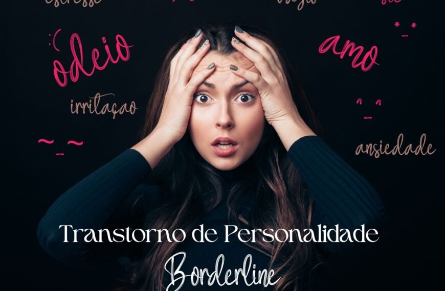 Imagem ilustrativa com fundo escuro mostrando uma mulher com expressão facial assustada e angustiada, levando as mãos à cabeça. Ao redor dela estão escritas palavras que refletem emoções e sentimentos intensos como "odeio", "amo", "ansiedade", "estresse", "irritação", "triste", "vazio" e "gosto", simbolizando as intensas oscilações emocionais associadas ao Transtorno de Personalidade Borderline (TPB).